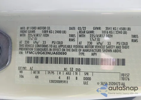 2022 Ford Escape Se z USA, uszkodzony, nr VIN 1FMCU9G63NUA60690